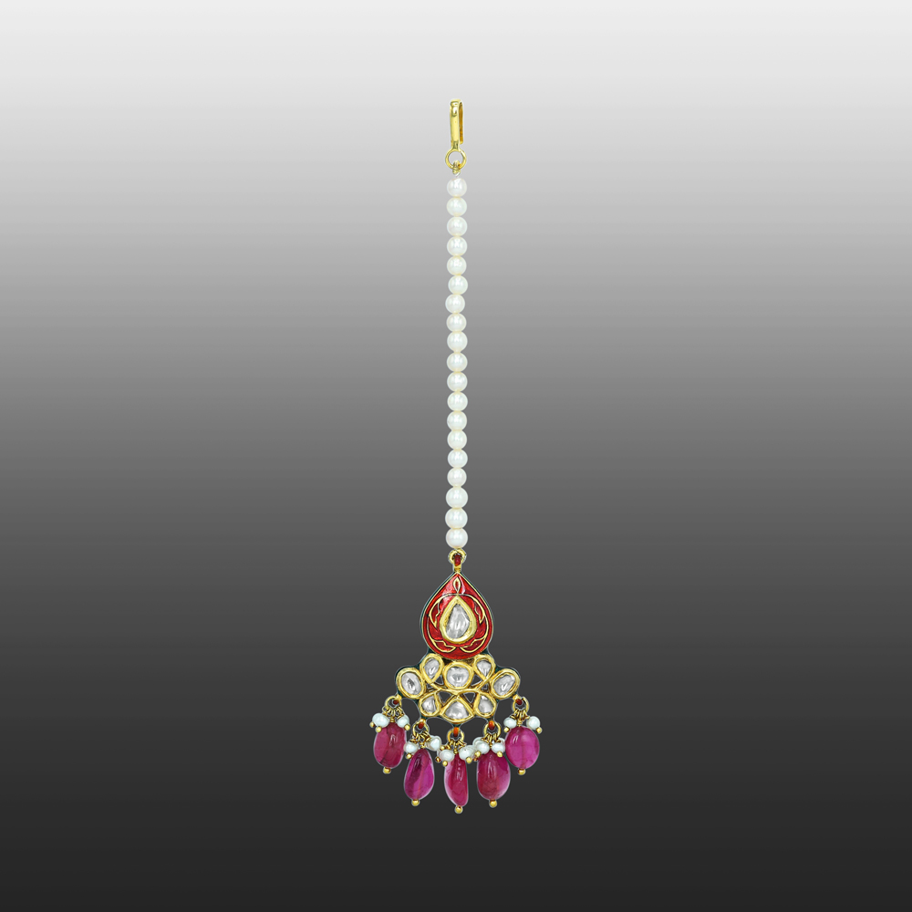 Teardrop Red Enamel Mangtikka with Polki and Tourmaline Drops